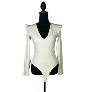 Susana Monaco low plunge V neck ruffle bodysuit long sleeve Beige Women size S